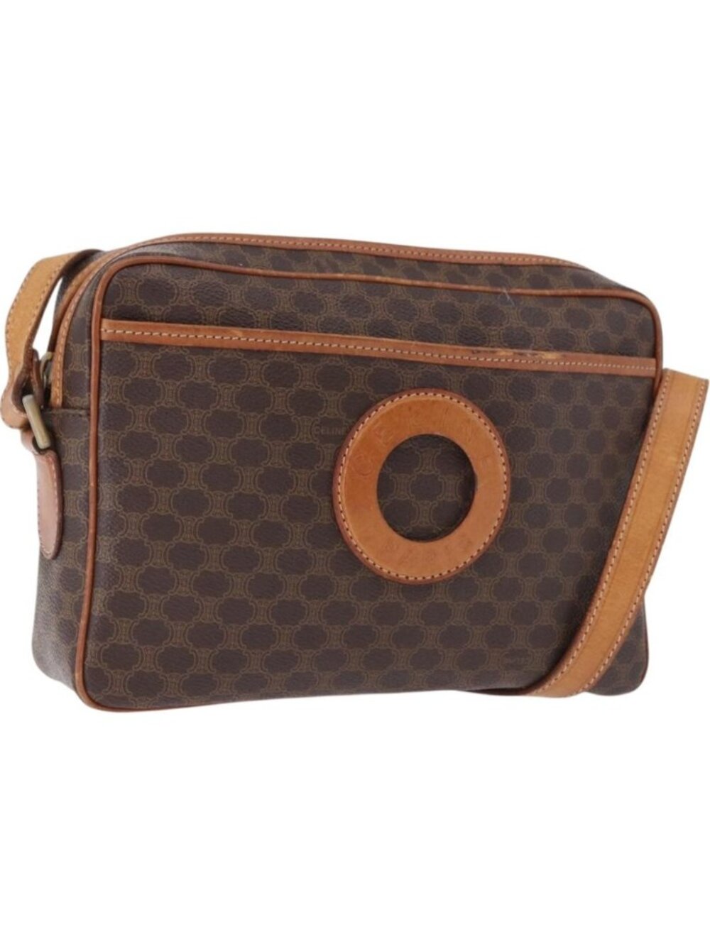 CELINE Macadam Canvas Circle Shoulder Bag PVC Leather Brown Gold